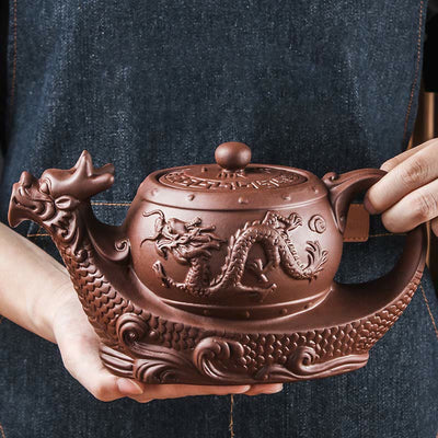 Foviel Vintage Dragon Auspicious Clouds Purple Clay Ceramic Teapot