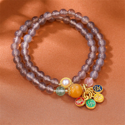 Buddha Stones Natural Gray Agate Peace And Joy Charm Balance Double Wrap Bracelet Bracelet BS 3