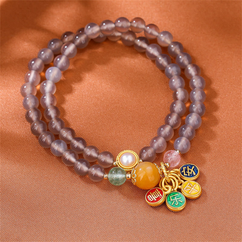 Buddha Stones Natural Gray Agate Peace And Joy Charm Balance Double Wrap Bracelet Bracelet BS 3