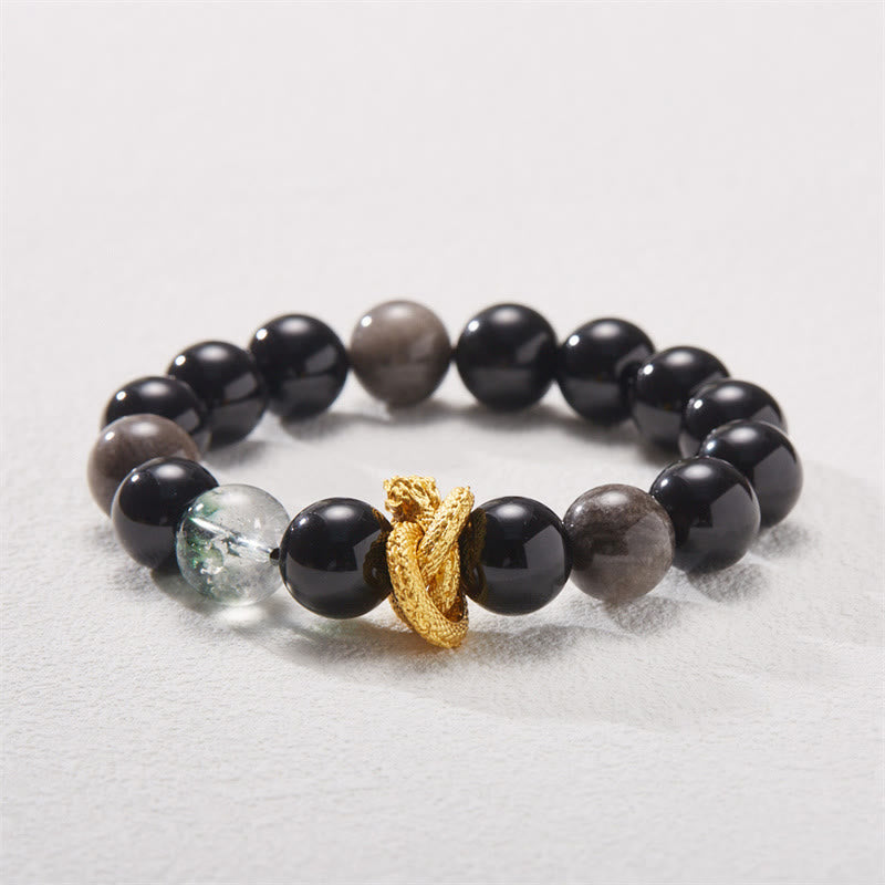 Buddha Stones Natural Silver Sheen Obsidian Dragon Green Phantom Protection Bracelet Bracelet BS 3