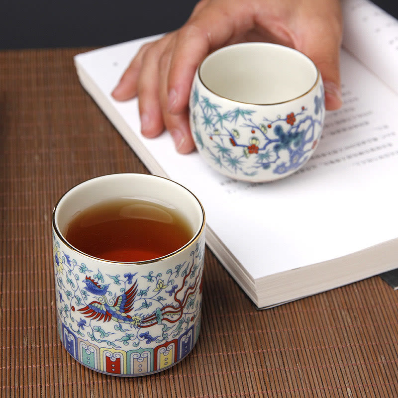 Buddha Stones Vintage Plum Blossom Pine Bamboo Phoenix Kirin Lion Dancing Ceramic Teacup Tea Cups Cup BS 15