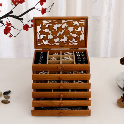 Buddha Stones Vintage Plum Blossom Carved Wooden Jewelry Box Six-Layer Jewelry Storage Box Jewelry Box BS Cherry Wood Color 30.6*20.6*24.7cm