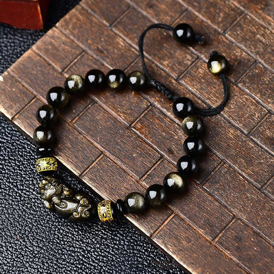 Buddha Stones Natural Gold Sheen Obsidian PiXiu Om Mani Padme Hum Wealth Braided Bracelet Bracelet BS 10mm