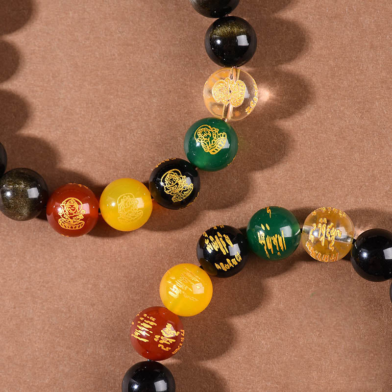 Buddha Stones Gold Sheen Obsidian Rainbow Obsidian Black Obsidian Five Directions Gods of Wealth Bracelet Bracelet BS 13