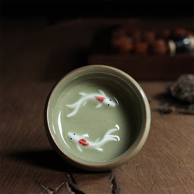 Buddha Stones Colorful Koi Fish Ceramic Teacup Kung Fu Tea Cup Bowl Cup BS Beige Koi Fish 6.8cm*3.4cm*55ml