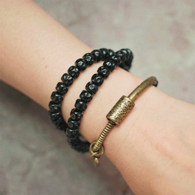 Buddha Stones Retro Coconut Shell Copper Happiness Triple Wrap Bracelet Bracelet BS 10