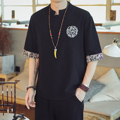 Buddha Stones Frog-Button Dragon Embroidery Chinese Tang Suit Short Sleeve Shirt Linen Men Clothing Men's Shirts BS Black 5XL(Fit for USUK/AU46; EU56)