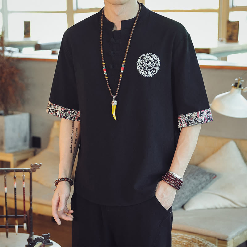 Buddha Stones Frog-Button Dragon Embroidery Chinese Tang Suit Short Sleeve Shirt Linen Men Clothing Men's Shirts BS Black 5XL(Fit for USUK/AU46; EU56)