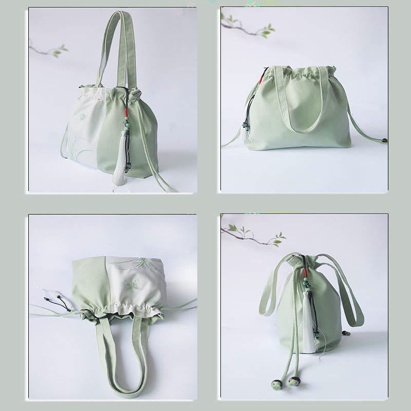 Buddha Stones Embroidered Grass Flowers Cherry Blossom Canvas Tote Crossbody Bag Shoulder Bag Handbag Crossbody Bag BS 5