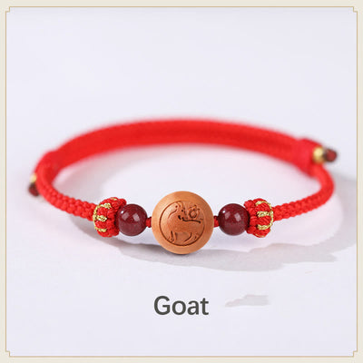 Buddha Stones Natural Peach Wood Chinese Zodiac Fu Character Carved Cinnabar Wealth Bracelet Bracelet BS Goat-Red(Wrist Circumference 14-22cm)
