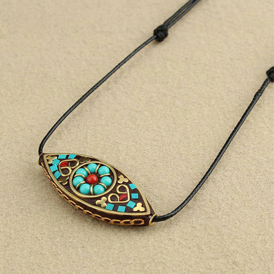 Buddha Stones Tibet Turquoise Bead Marquise Pattern Protection Strength Necklace Pendant Necklaces & Pendants BS 4