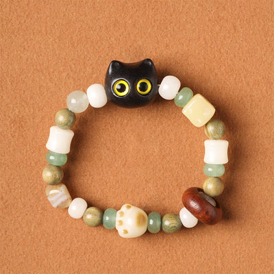 Bracelet de paix Foviel avec tête et patte de chat en graine de Bodhi, bois de santal vert, bois d'ébène et bois de santal rouge à petites feuilles