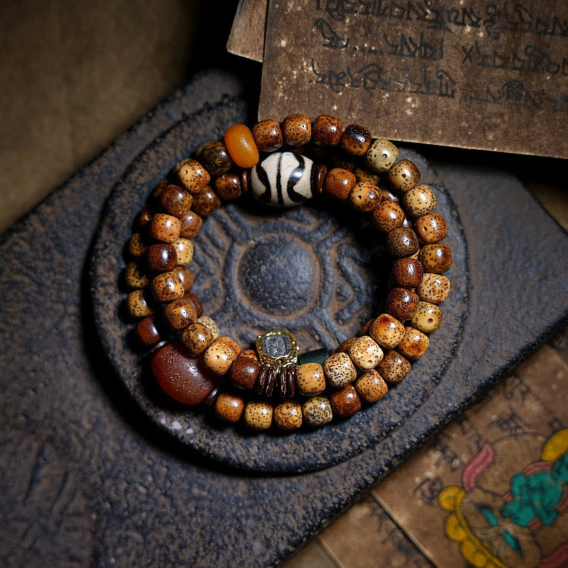 Buddha Stones Tibetan Bodhi Seed Amber Dzi Bead Agate Zakiram Goddess of Wealth Beads Triple Wrap Bracelet Bracelet BS 19-20cm