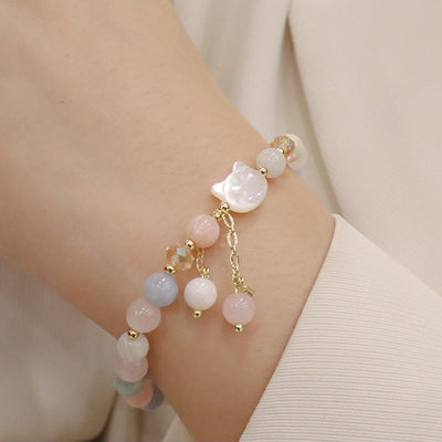 Buddha Stones Natural Strawberry Quartz Morganite Tridacna Stone Cat Love Bracelet Bracelet BS Morganite Tridacna Stone Cat(Wrist Circumference 12-14cm)