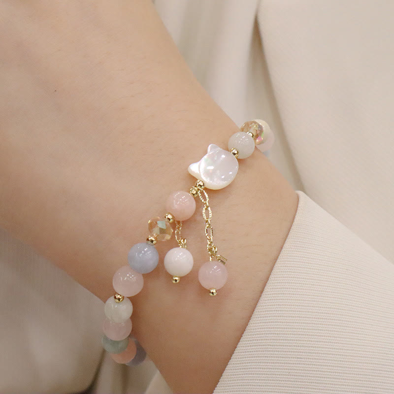 Buddha Stones Natural Strawberry Quartz Morganite Tridacna Stone Cat Love Bracelet Bracelet BS Morganite Tridacna Stone Cat(Wrist Circumference 12-14cm)