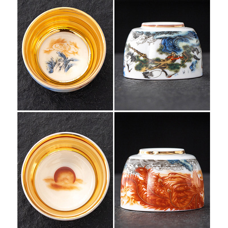Buddha Stones Dragon Phoenix Crane Sun Ocean Waves Gilt Ceramic Teacup Kung Fu Tea Cup 170ml Cup BS 12