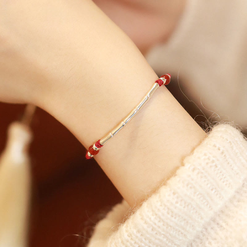 Buddha Stones 925 Sterling Silver Bamboo White Agate Red Agate Bead Protection String Braided Bracelet Bracelet BS 8
