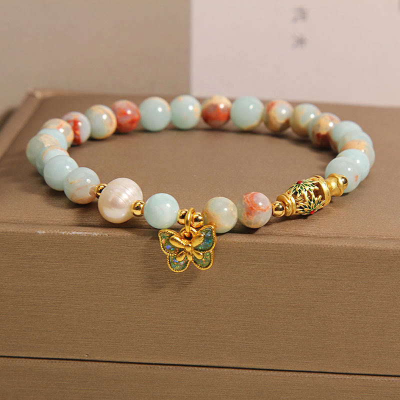 Buddha Stones Shoushan Stone Pearl Butterfly Wealth Bracelet Bracelet BS 1