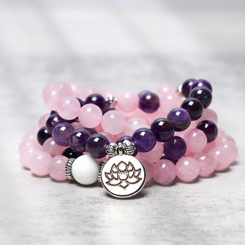 Buddha Stones Natural Rose Quartz & Amethyst Mala Bead Lotus Pendant Bracelet - Lotus Pendant - image 0