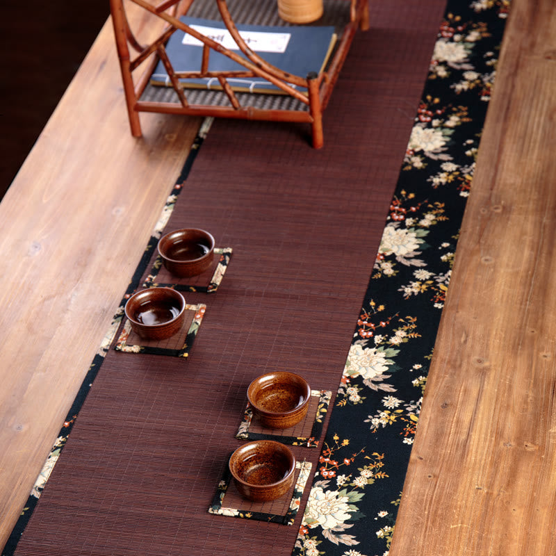 Buddha Stones Vintage Peony Flower Blossom Bamboo Cup Mat Pad Tea Cup Coaster Kung Fu Tea Mat Tea Mat BS 9