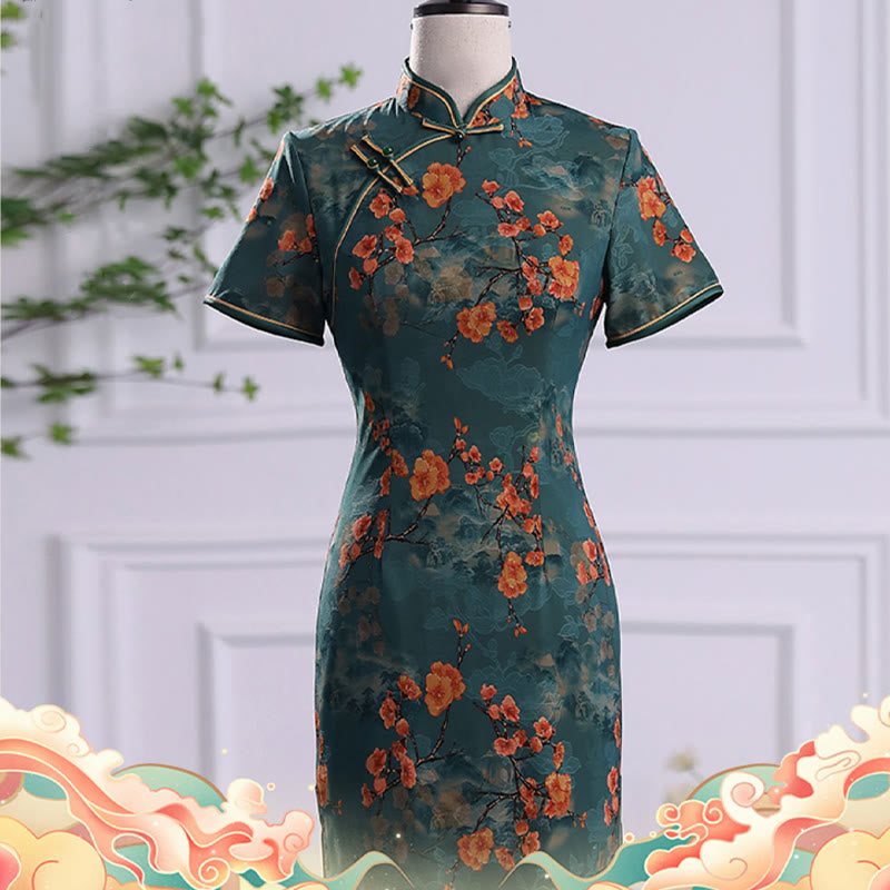 Buddha Stones Retro Flower Lotus Peony Feather Print Qipao Dress Women's Cheongsam Dress - image 5