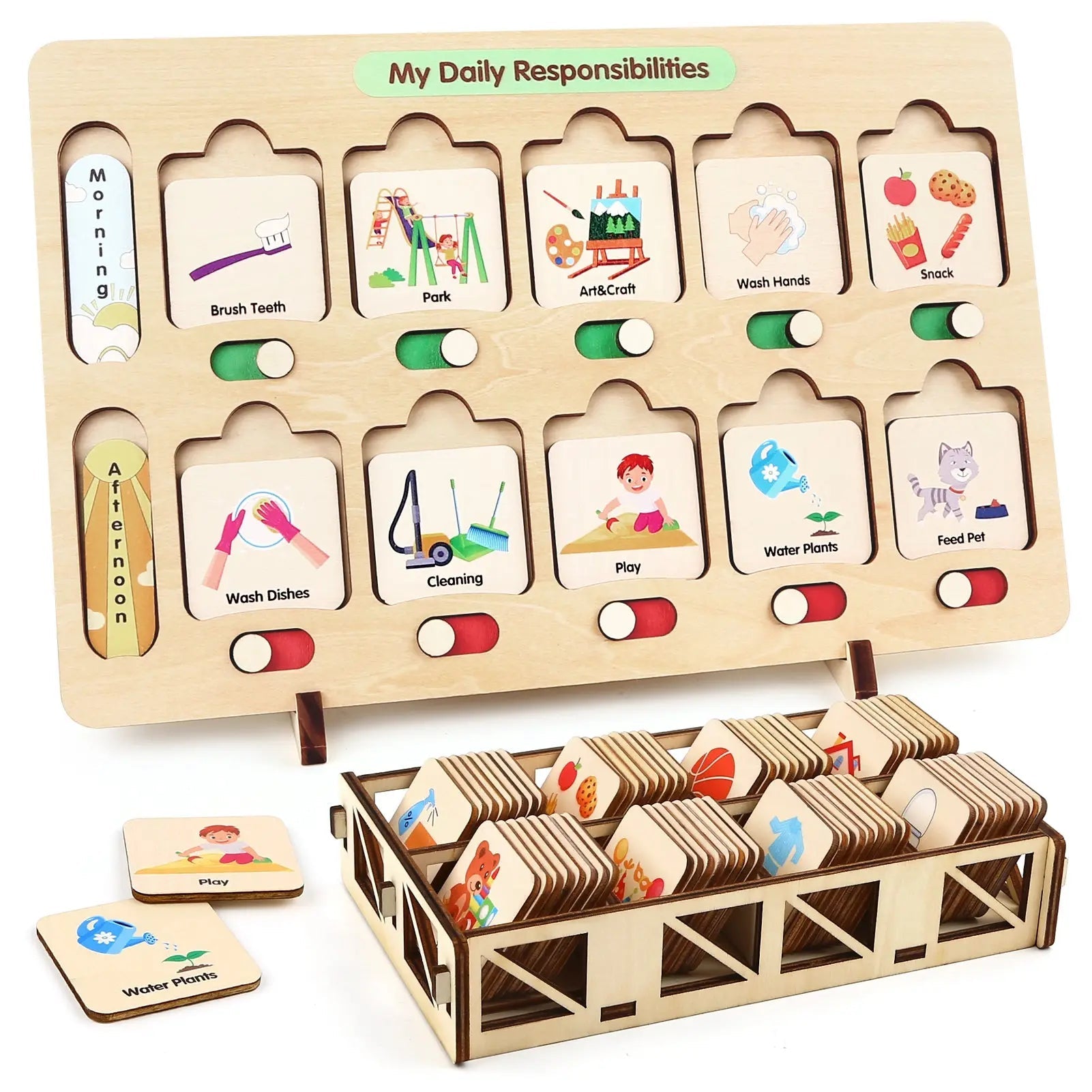 Montessori Wooden Visual Schedule for Kids - Daily Routine Board for 3-6 Years Old