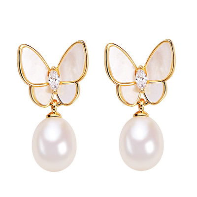 Buddha Stones 925 Sterling Silver Posts 18K Gold Plated Copper Pearl Butterfly Optimism Stud Earrings 9