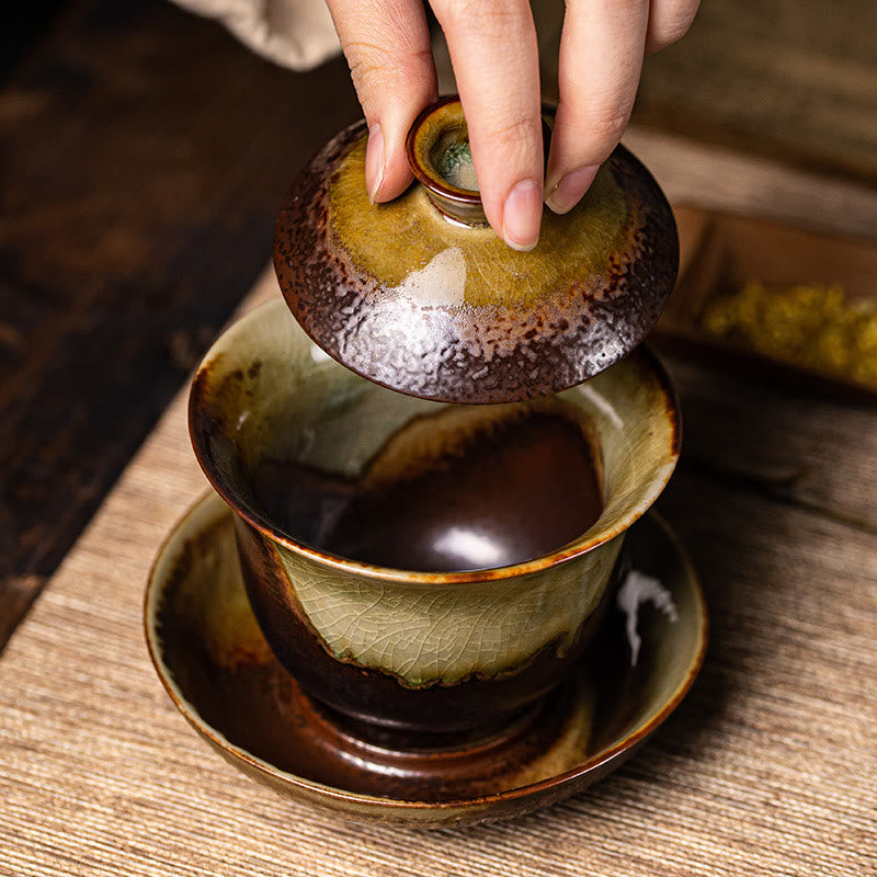 Buddha Stones Vintage Brown Kiln Change Design Porcelain Ceramic Gaiwan Sancai Teacup Kung Fu Tea Cup And Saucer With Lid Cup BS 8