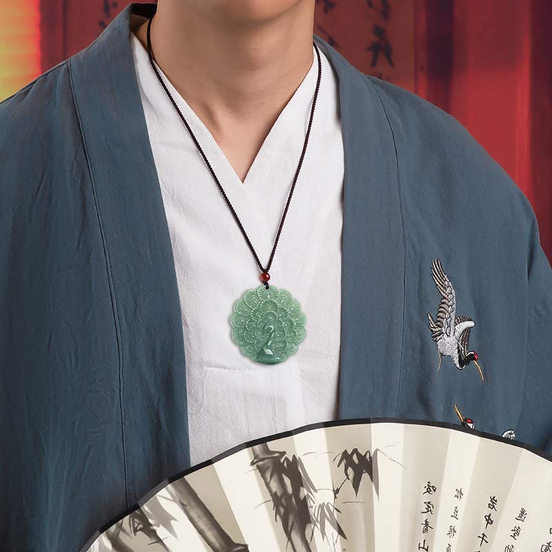 Buddha Stones Natural Jade Peacock Luck Prosperity Necklace Pendant Necklaces & Pendants BS 2