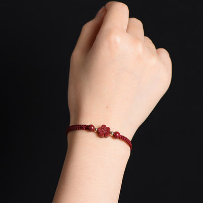 Buddha Stones Four Leaf Clover Five-petal Flower Cinnabar Blessing Red String Bracelet Bracelet BS 13