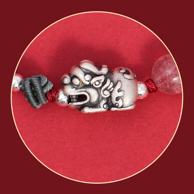 Buddha Stones 999 Sterling Silver PiXiu Strawberry Quartz Bead Wealth Luck Braided Bracelet Bracelet BS 6