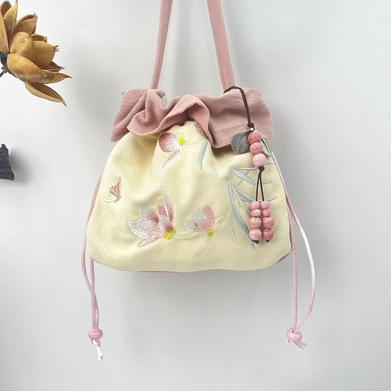 Buddha Stones Suzhou Embroidery Lotus Epiphyllum Magnolia Cotton Linen Tote Crossbody Bag Shoulder Bag Handbag Crossbody Bag BS Pink Beige Magnolia 20*20*7cm