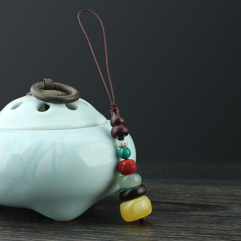 Buddha Stones Green Sandalwood Ebony Wood Gourd Seven Layer Pagoda Positive Phone Hanging Decoration Phone Hanging Decoration BS Ebony Wood