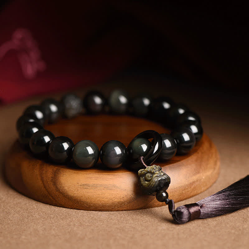 Buddha Stones Natural Black Obsidian Lion Wrist Mala Protection Tassels Pocket Mala Car Decoration Wrist Mala&Decorations BS 5