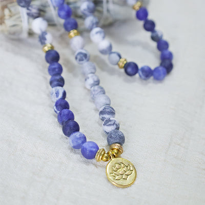 Buddha Stones 108 Natural Picasso Jasper & Blue Stone Mala Bead Lotus Pendant Bracelet Bracelet BS 1