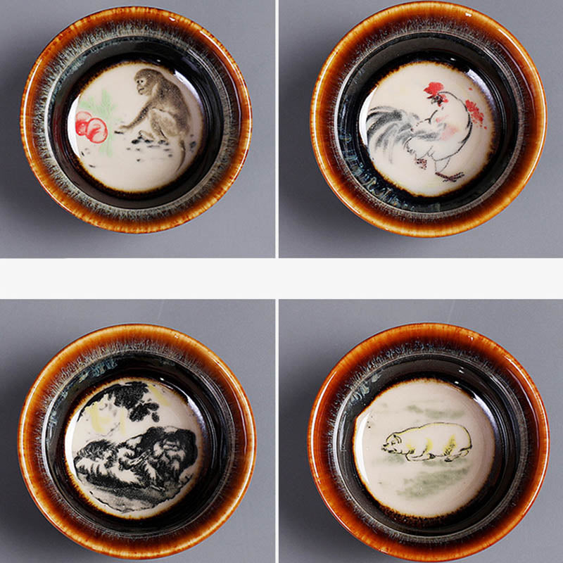 Buddha Stones 12 Chinese Zodiac Pattern Ceramic Teacup Kung Fu Jian Chinese Zhan Tea Cup 73ml Jian Zhan Tea Cup BS 22