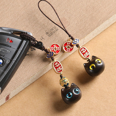 Buddha Stones Ebony Wood Lucky Cat Auspicious Cloud Peace Key Chain Phone Hanging Decoration Key Chain BS 2