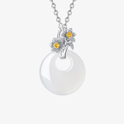 Buddha Stones 925 Sterling Silver Round Chalcedony Twelve Months Flower Harmony Necklace Pendant Necklaces & Pendants BS Narcissus
