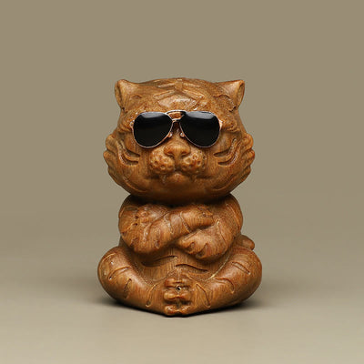 Buddha Stones Small Green Sandalwood Tiger Engraved Positive Desk Decorations Decorations BS 2