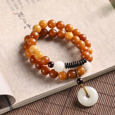 Buddha Stones Cyan Bodhi Seed Lotus Jade Peace Buckle Wisdom Double Wrap Bracelet Mala Bracelet BS Yellow Bodhi Seed