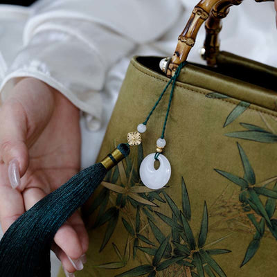 Buddha Stones Yellow Green Bamboo Leaves Bamboo Handles Handbag Handbags BS 14