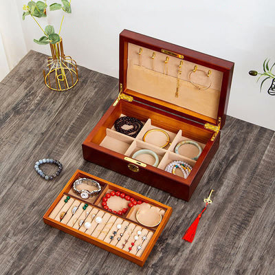 Buddha Stones Vintage Wooden Jewelry Box Two-Layer Solid Wood Jewelry Storage Box Jewelry Box BS Walnut Color-Hook Style 29*19*9cm