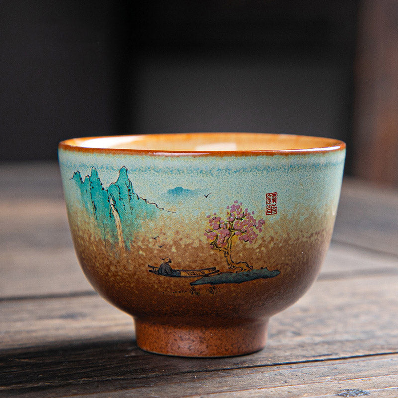 Buddha Stones Colorful Deer Pipa Snow Plum Blossoms Mountains Rivers Bird Ceramic Teacup Kung Fu Tea Cup Bowl Cup BS 7cm*5cm*100ml Mountains And Rivers