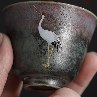 Buddha Stones Auspicious Crane Ceramic Teacup Kung Fu Tea Cup Bowl Cup BS 13