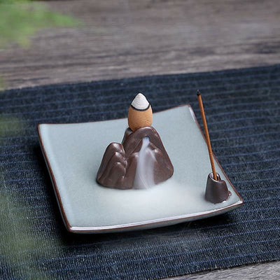 Buddha Stones Lotus Plum Blossom Square Ceramic Spiritual Backflow Incense Burner Incense Burner BS 17