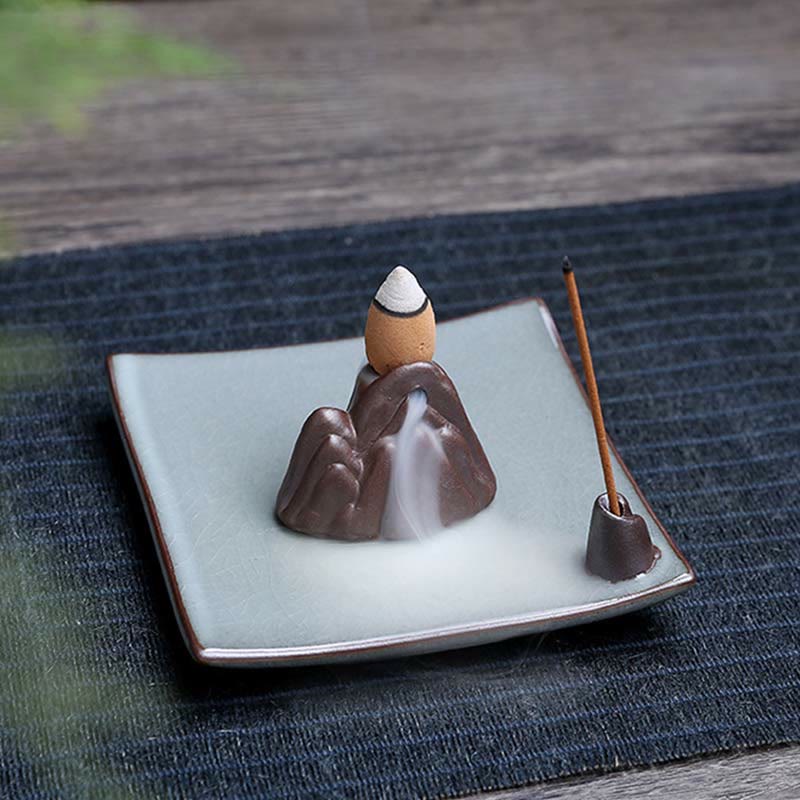 Buddha Stones Lotus Plum Blossom Square Ceramic Spiritual Backflow Incense Burner Incense Burner BS 17