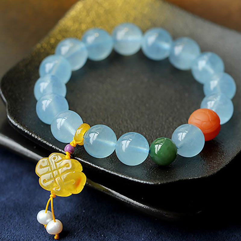 Buddha Stones Natural Aquamarine Amber Chinese Knotting Charm Peace Bracelet Bracelet BS 7
