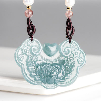 Buddha Stones Natural Jade Peony Flower Lock of Good Wishes Prosperity Necklace Pendant Necklaces & Pendants BS 3