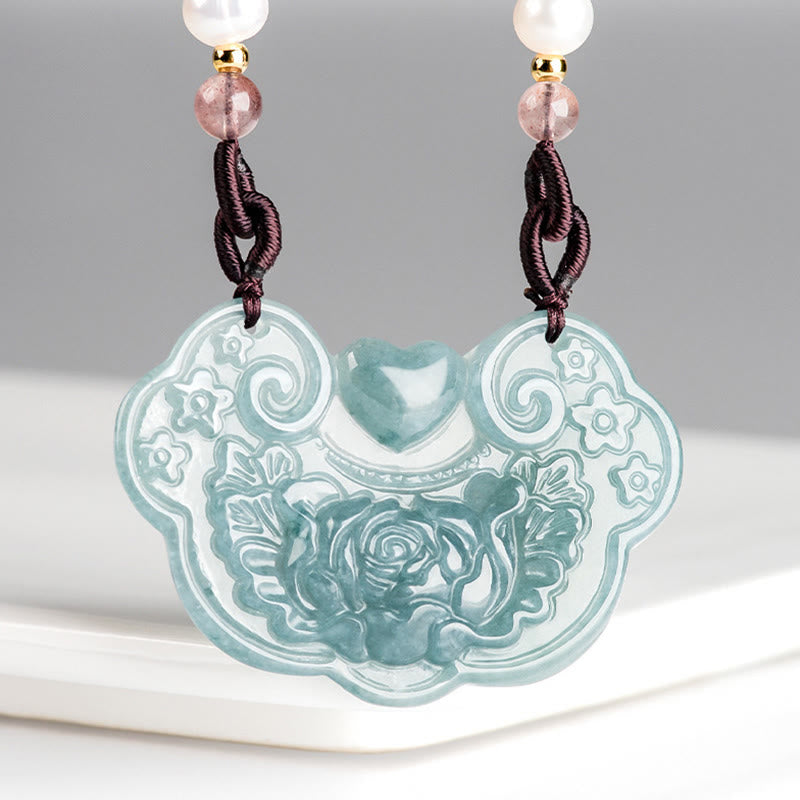 Buddha Stones Natural Jade Peony Flower Lock of Good Wishes Prosperity Necklace Pendant Necklaces & Pendants BS 3