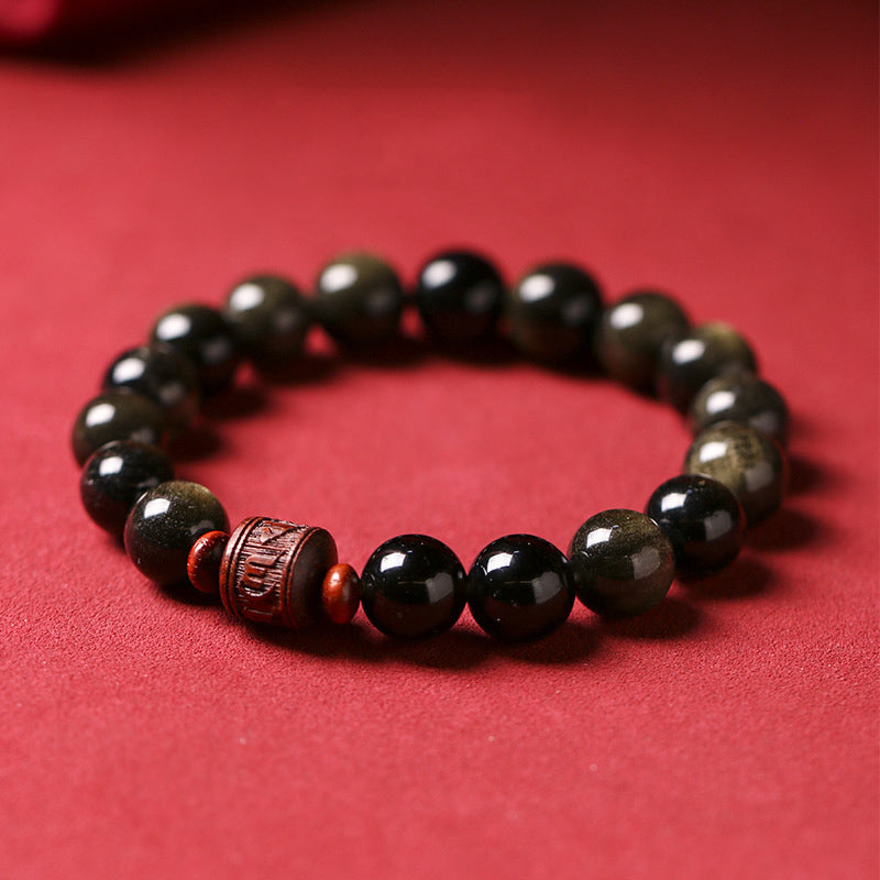 Buddha Stones Natural Gold Sheen Obsidian Rainbow Obsidian Om Mani Padme Hum Fu Character Healing Bracelet Bracelet BS 3